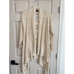 Calstyle Cardigan Womens XL Cream Open Front Crochet Boho Sharkbite Hem Cottage